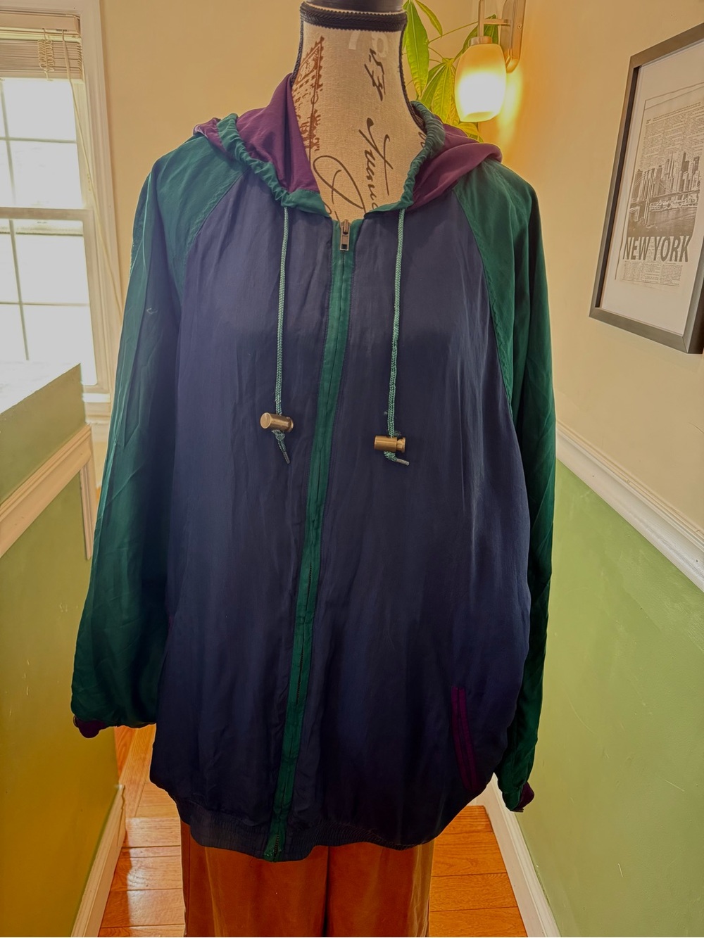 Retro Vintage Navy, Forest Green & Purple Windbreaker Sports Jacket Loose